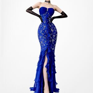 Vintage Blue Strapless Floral Beaded Silk Ruffle Asymmetric Prom Dress Size XS